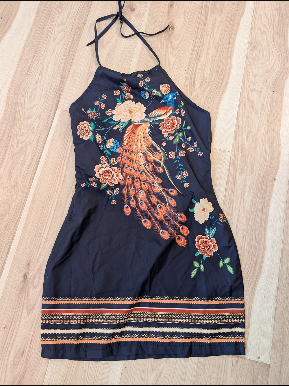CBR Navy Halter Dress with Orange Peacock Embroidery